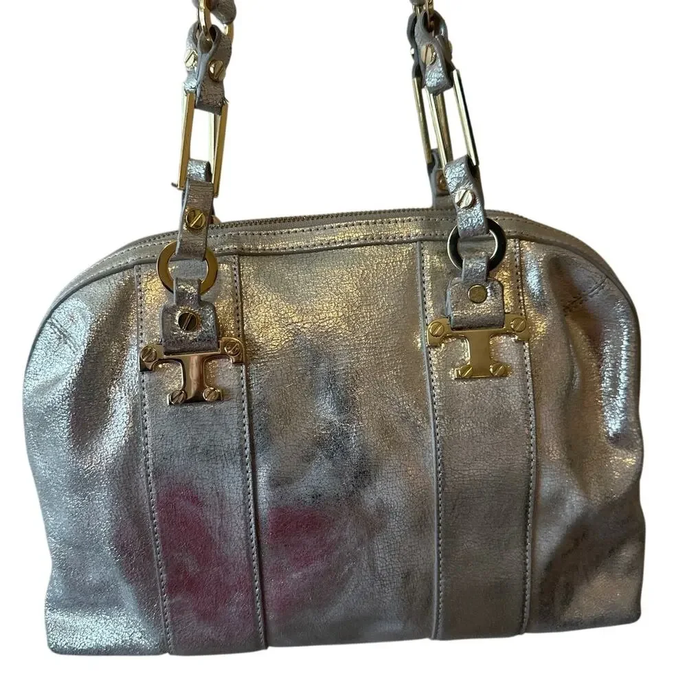 Tory Burch Nico Metallic East West Tote Silver‎ Distressed Leather